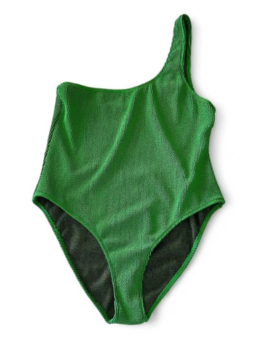 GOOD AMERICAN Always Fits Green Metallic One Shoulder Bodysuit / Swimsuit Ribbed - Picture 2 of 7